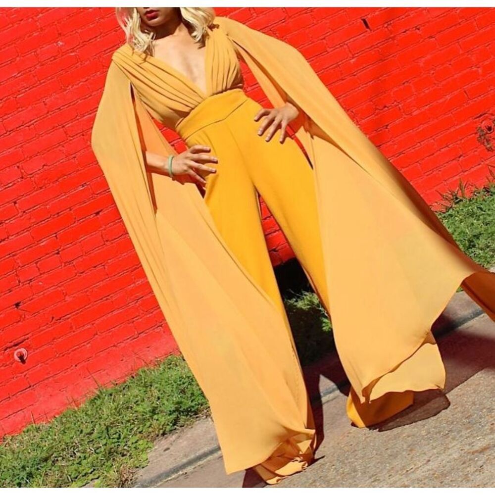 Akira Mustard Yellow Dramatic Draped Sleeve Wide Leg Jumpsuit Size Medium